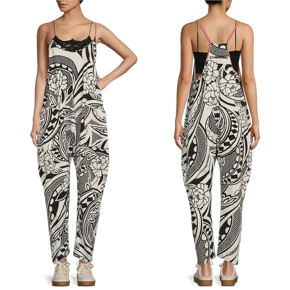 New FP Movement Free People Hot Shot Onesie S Padma Black Printed Combo Jumpsuit - Picture 3 of 16